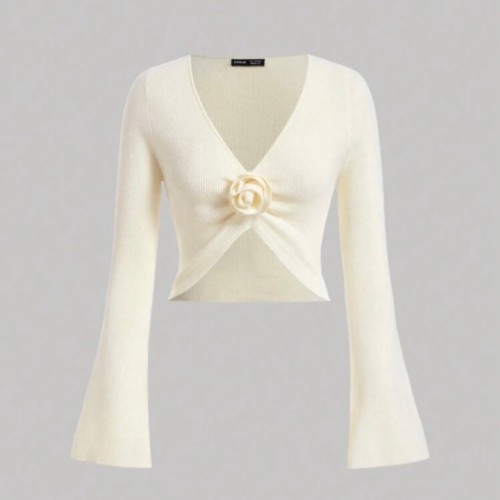 Cream V-Neck Sweater with Floral Accent